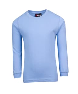 A light blue long sleeve T-shirt with a round neck and a logo on the label.