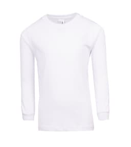 A white kid's long sleeve T-shirt with a simple design and a logo on the upper side.