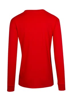 A red unisex long sleeve T-shirt with a simple back design and a fitted silhouette.