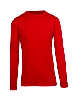 A red long sleeve T-shirt with a crew neck and fitted cuffs. It features a logo on the chest area.