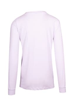 A white long sleeve unisex T-shirt with a simple design and a logo on the back.