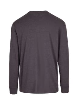 A unisex long sleeve T-shirt in dark grey with a simple design and a branding logo on the back.