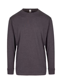 A men's unisex long sleeve T-shirt in a dark grey colour, featuring a logo on the label.
