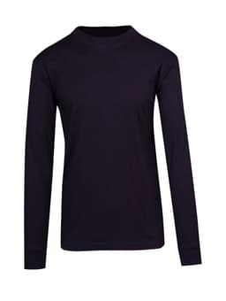 A navy long sleeve T-shirt featuring a crew neck and straight hem, with a small logo on the design.
