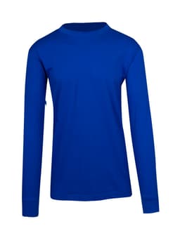 A blue long sleeve T-shirt with a round neck and a logo on the front. Ideal for men and unisex wear.