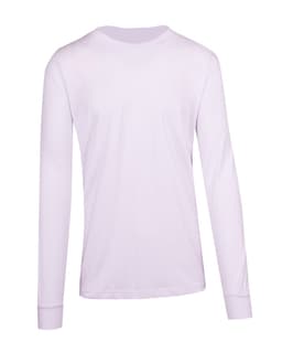 A long sleeve T-shirt in white, featuring a simple design and a logo on the back.