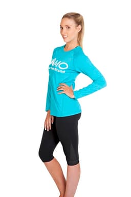 A teal long sleeve T-shirt paired with black leggings, featuring a logo on the front.