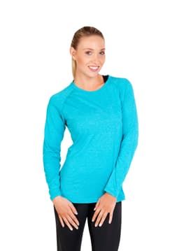 A purple long sleeve T-shirt on a woman, a grey long sleeve T-shirt on a boy, and a green long sleeve T-shirt on a man.