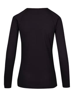 A black long sleeve T-shirt with a fitted design and raglan sleeves. The back view shows a smooth fabric finish.