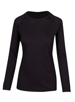 A black long sleeve T-shirt with a rounded neckline and a fitted silhouette, featuring a logo.