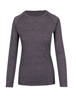 A long-sleeve women's T-shirt in heather grey with a fitted design and raglan sleeves. It has a branding logo.