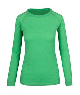 A women's long sleeve T-shirt in heather green with a fitted design and raglan sleeves. It features a logo.