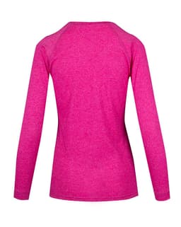 A long-sleeve T-shirt in heather pink, featuring a crew neck and raglan sleeves, with a logo on the back.