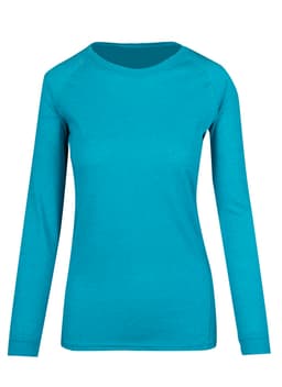 A women's long sleeve T-shirt in heather teal, featuring a simple design and a logo on the front.