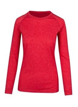 A red long sleeve t-shirt for women, featuring a heathered texture and a round neckline.