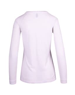 A white women's long sleeve T-shirt with a crew neckline and a logo on the back.