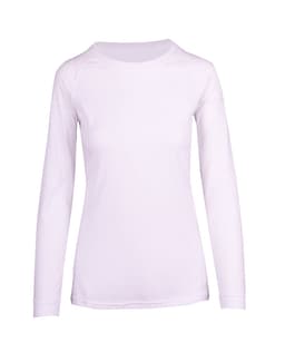 A white long sleeve T-shirt for women with a crew neckline and ribbed cuffs, featuring a logo.