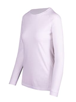 A white long sleeve T-shirt with a relaxed fit and raglan sleeves, featuring a logo on the side.