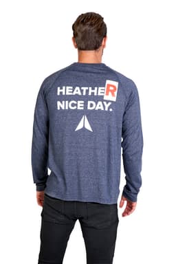 A navy blue long sleeve T-shirt for men and unisex, featuring a logo and text on the back.