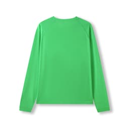 A green long sleeve T-shirt with a simple design and a soft fabric. It features raglan sleeves and a logo.