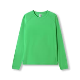 A green long sleeve T-shirt with a crew neckline and raglan sleeves, featuring a logo on one side.