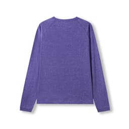 A purple long sleeve T-shirt with a heather texture and a simple design. It features a raglan style back.