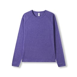A purple long sleeve T-shirt with a heathered texture and raglan sleeves, featuring a logo.