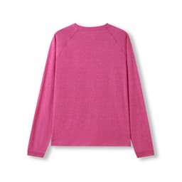 A long sleeve t-shirt in heather pink, featuring a back view and a raglan design. Includes a logo.
