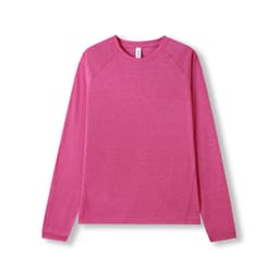 A pink long sleeve t-shirt with a heather texture and raglan sleeves. It features a logo on the front.