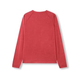 A red long sleeve unisex T-shirt with a heather texture and a simple back design. It has a logo.