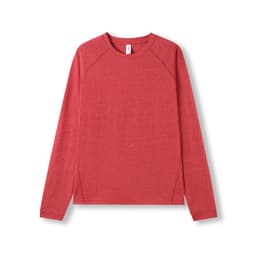 A red heather long sleeve T-shirt with a round neckline and raglan sleeves. Features a logo.