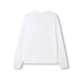 A white long sleeve T-shirt with a simple design and a logo on the back.