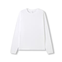 A white long sleeve t-shirt with a classic fit and a logo on the back.