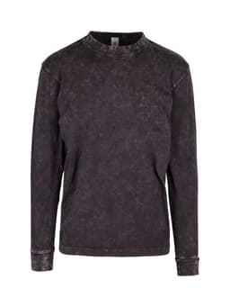 A unisex stone wash long sleeve T-shirt in dark grey, featuring a simple design and a logo.
