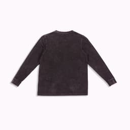 A grey stone wash long sleeve T-shirt with a simple design and branding on the back.