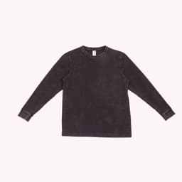 A grey stone wash long sleeve t-shirt with a round neck and a simple design. It has a logo.