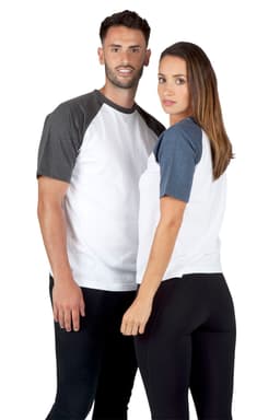 A men's and women's unisex raglan sleeve tee featuring a white body with dark grey and navy blue sleeves.