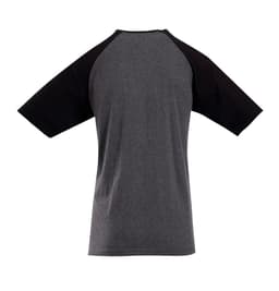 A raglan sleeve tee in grey with black sleeves. Features a logo on the back.