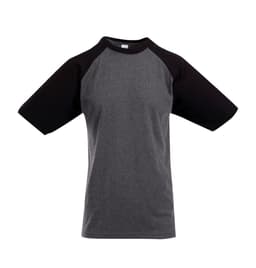 A unisex raglan sleeve tee featuring a grey body and black sleeves with a logo on the front.