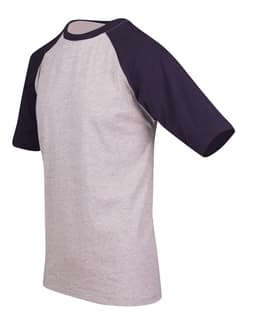 A grey and navy men's/unisex raglan sleeve tee with a round neckline and short sleeves. It features a logo.