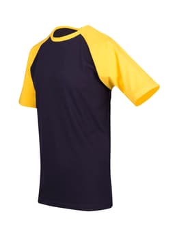 A unisex raglan sleeve tee featuring navy blue and yellow colours, with a logo on the front.