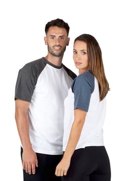 A unisex raglan sleeve tee featuring a white body and grey and navy sleeves, with a logo on the front.