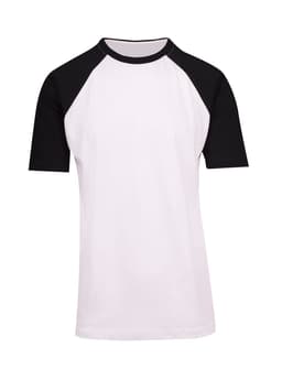 Men's/unisex t-shirt with raglan sleeves, featuring a white body and black sleeves. Includes a logo.