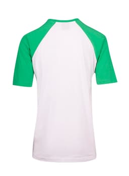 A unisex raglan sleeve tee in white with green sleeves, featuring a logo.