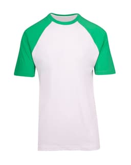 Men's unisex raglan sleeve tee in white with green sleeves, featuring a logo on the front.