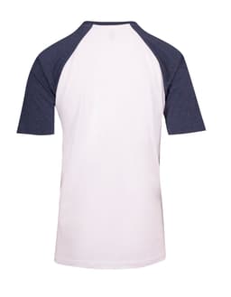 A unisex raglan sleeve tee with white body and navy sleeves, featuring a logo on the back.