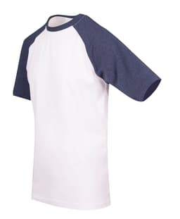 A men's/unisex raglan sleeve tee featuring a white body and navy blue sleeves, with a logo on the sleeve.