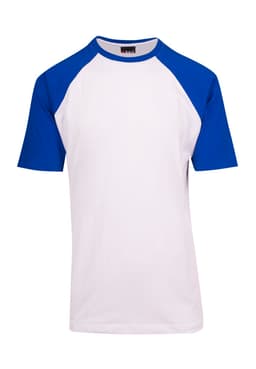 A white t-shirt with blue raglan sleeves, featuring a logo on the neckline.