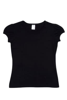 A black girls' short puff sleeve T-shirt with a round neckline. It features a small logo tag.