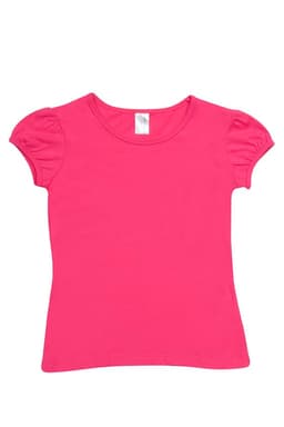 A pink short puff sleeve T-shirt with a classic round neckline and a simple design. It features a label inside.
